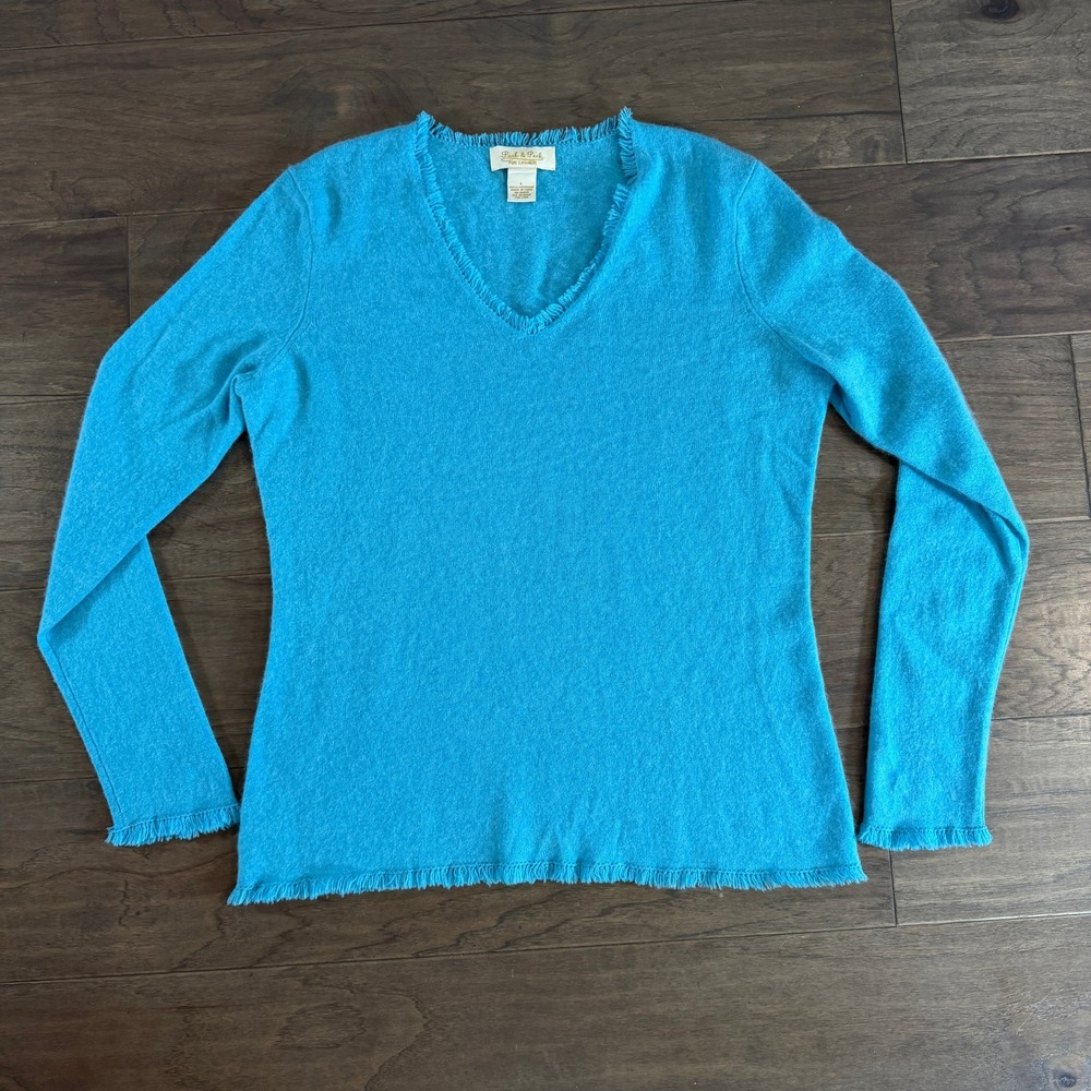 Peck & Peck Pure Cashmere V-Neck Sweater Turquoise Blue Fringe Trim Womens‎ L